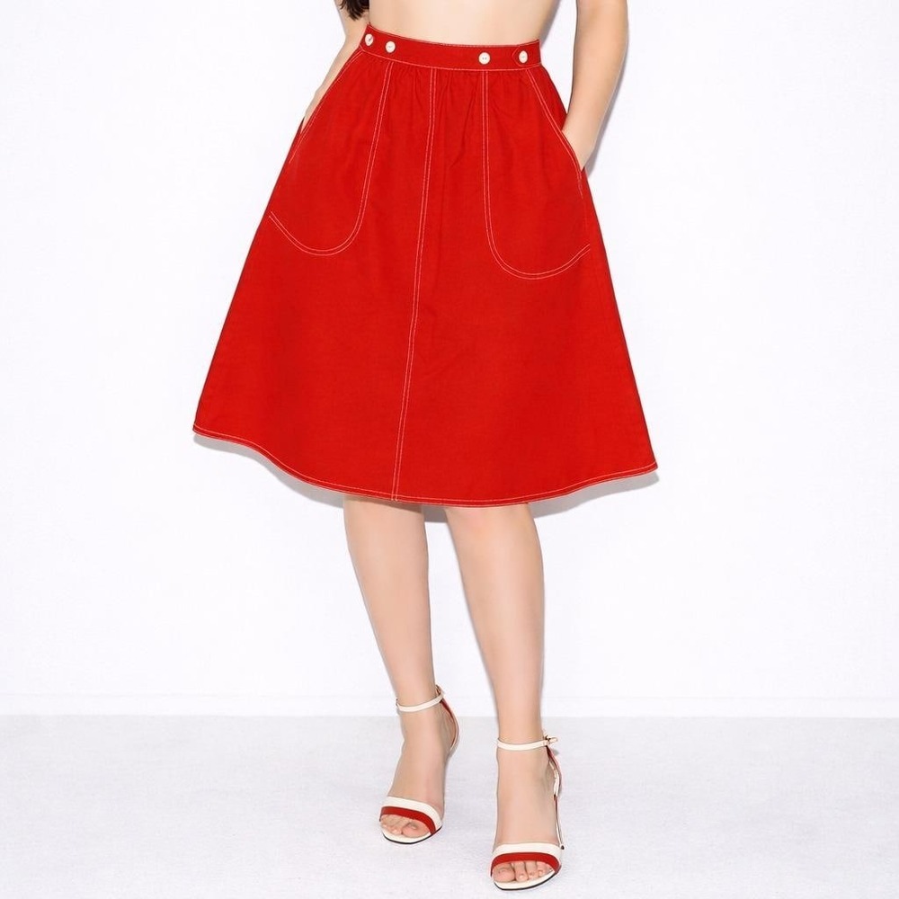 70s Vintage Red A-Line Wrap Skirt Womens S Patch Pockets Contrast Stitching Mod
